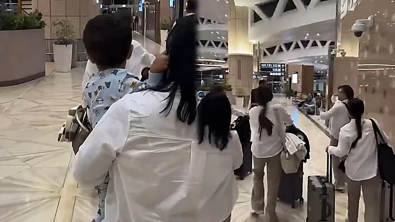 سارة الودعاني تسافر برفقة 5 عاملات عبر مطار الملك خالد.. فيديو