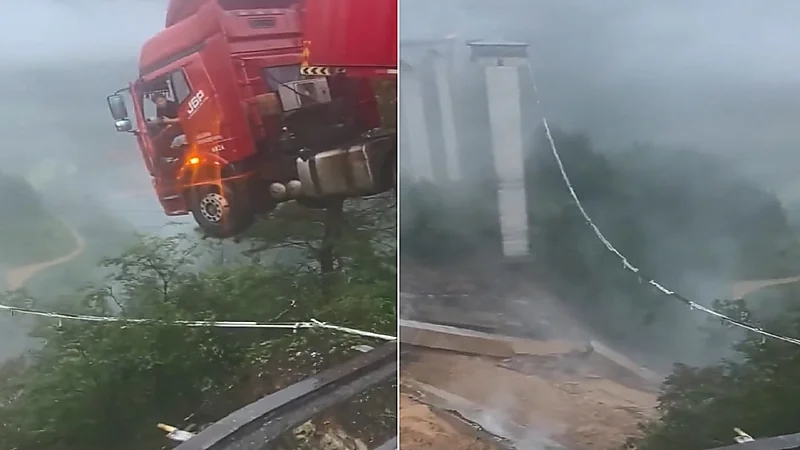 لحظات مرعبة لسائق معلق في الهواء بعد انزلاق شاحنته.. فيديو