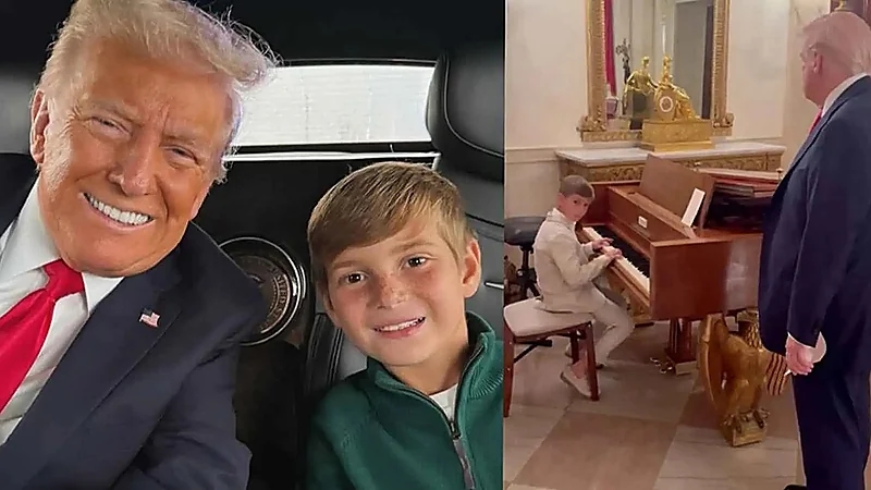 حفيد ترامب يعزف أمام جده على بيانو مزين بالذهب.. فيديو