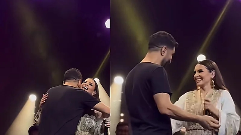 كارمن سليمان تحتفل بعيد ميلاد زوجها على المسرح والأخير يقبلها وسط الزغاريد المغربية .. فيديو