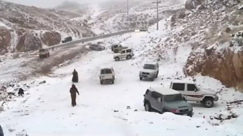 شاهد.. تساقط الثلوج على جبال اللوز وعلقان والظهر في تبوك