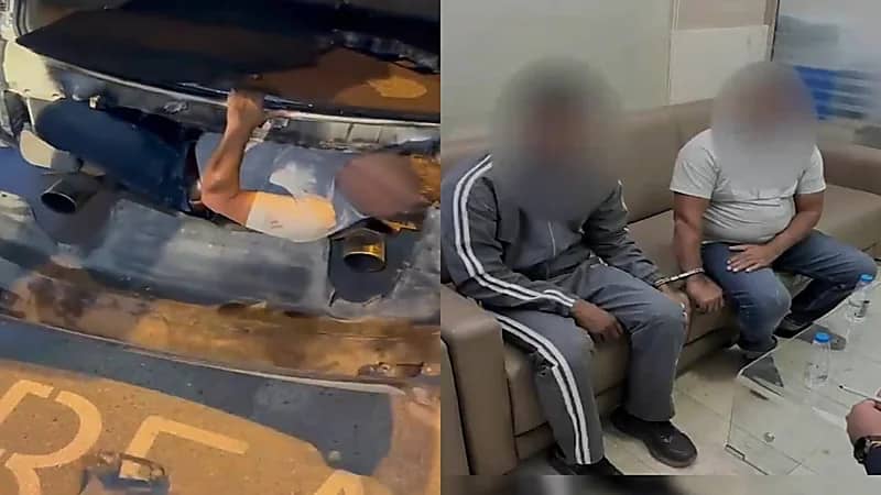 إحباط محاولة تسلل احترافية لشخصين مختبئين داخل الصدام الخلفي للسيارة .. فيديو