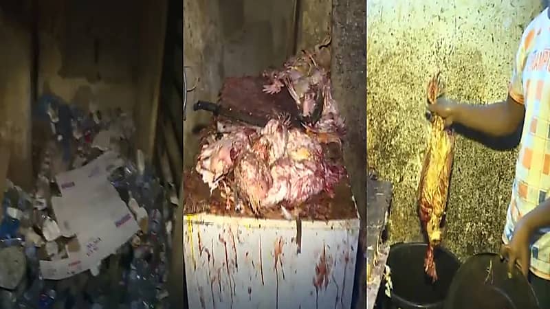 شاهد.. لحظة هروب عمالة تجهز اللحوم وسط القمامة إثر مداهمتهم بالبطحاء