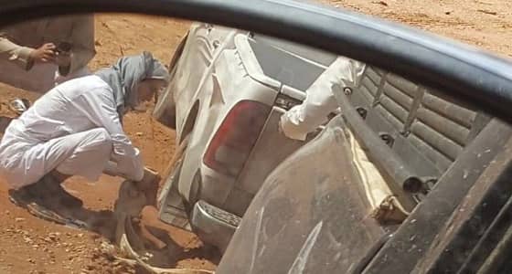 بالصور.. " غوث " يخرج سيارة عالقة في مجرى سيل بالرياض
