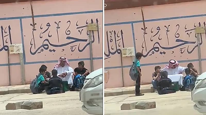 شاهد .. معلم ينتظر مع طلاب أمام المدرسة حتى وصول ولي أمرهم بعرعر