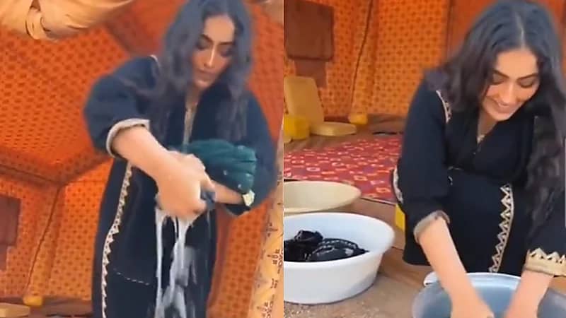 فيديو..الرحالة "رشا القرشي" تغسل ملابسها داخل خيمة