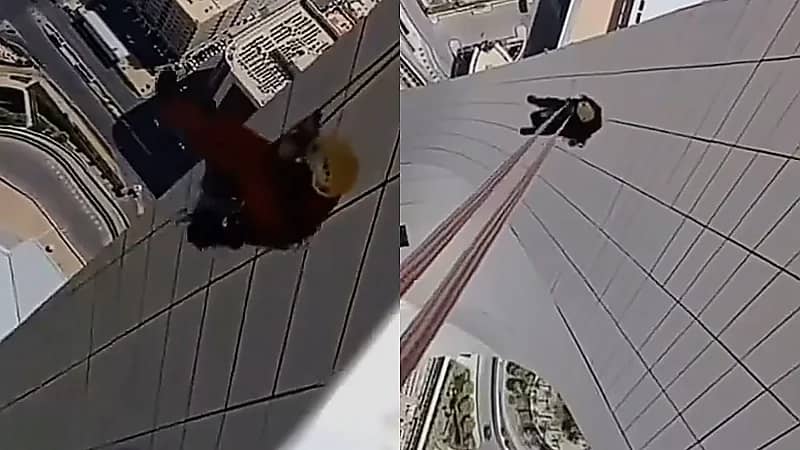 مشهد يحبس الأنفاس لطريقة تنظيف برج المملكة .. فيديو