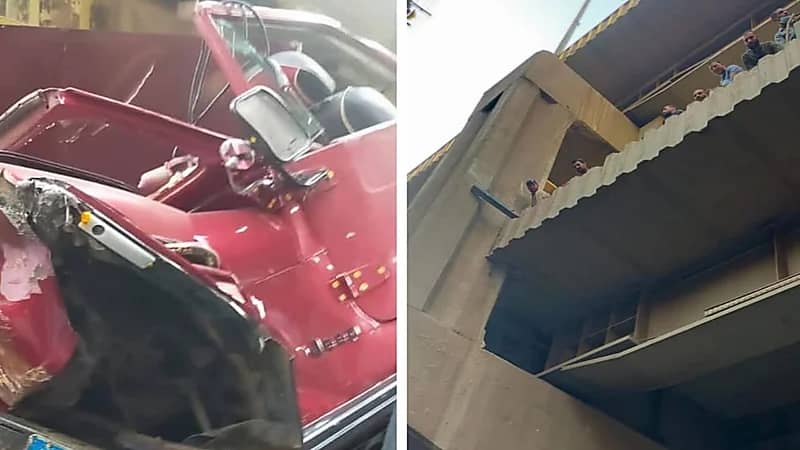 شاهد.. سقوط مروع لسيارة من أعلى كوبري وإصابة سائقها و3 آخرين