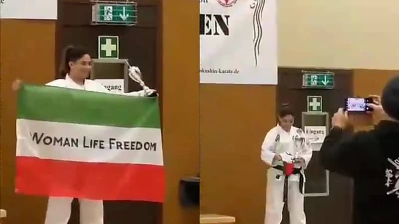 بالفيديو.. رفع علم إيران بعبارات داعمة للمرأة ضد قمع الملالي في بطولة ألمانية