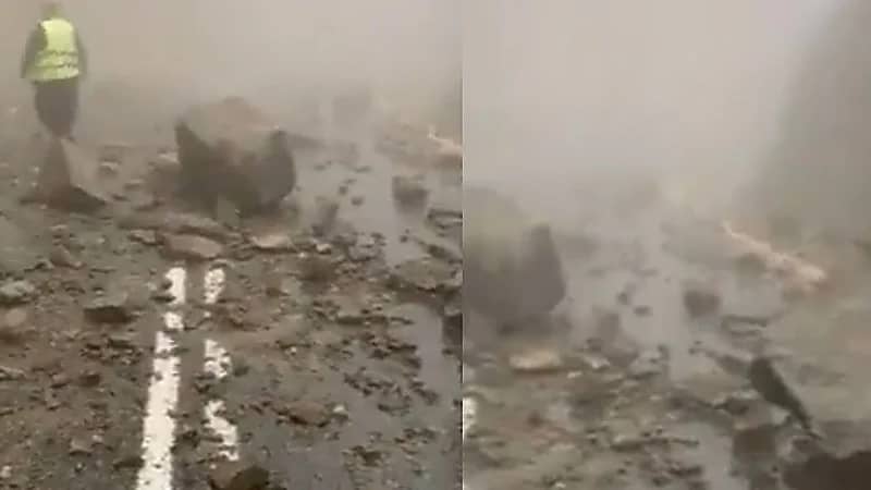 بالفيديو.. انهيار صخور ضخمة في "عقبة حزنة" بالباحة بسبب الأمطار الغزيرة