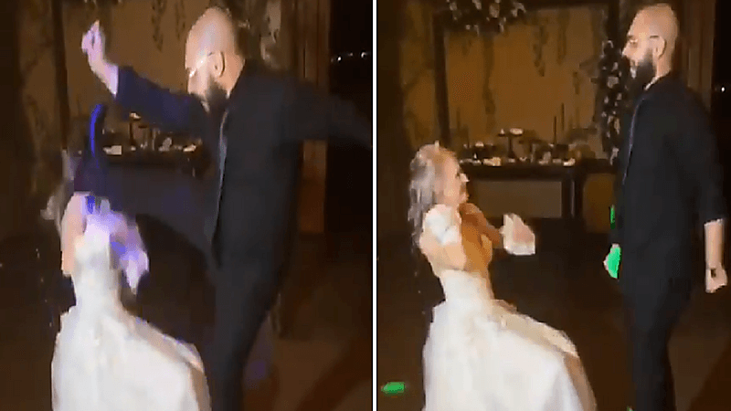 شاهد.. عريس يركل عروسته في وجهها خلال رقصة في حفل زفافهما