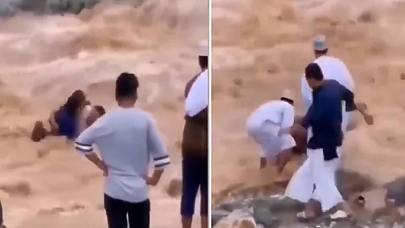 بالفيديو .. رجل شُجاع يُنقذ طفلين من السيول الجارفة في الفجيرة