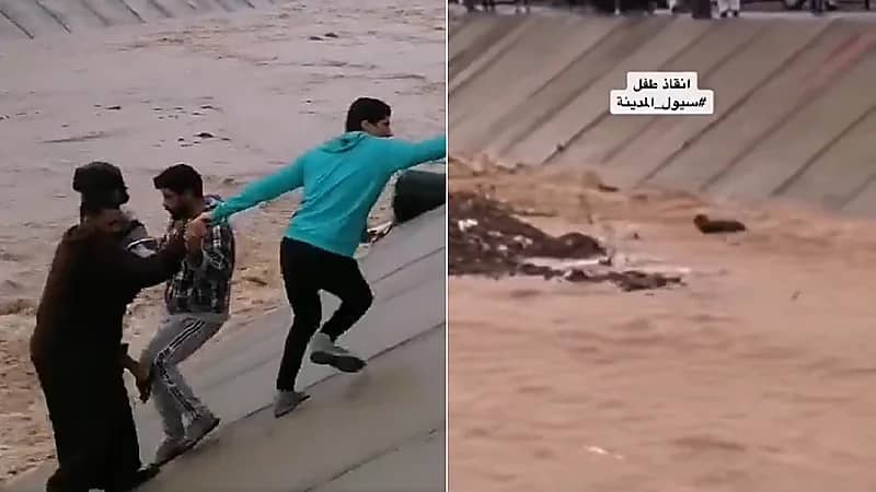 شاهد .. لحظة إنقاذ طفل علق على صخرة وسط السيل بالمدينة