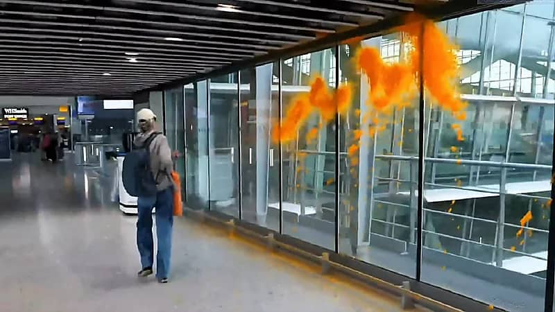 فتيات يلطخن مطار هيثرو الدولي بطلاء برتقالي.. فيديو