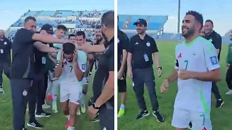 نجوم الجزائر يحتفلون بمحرز بعد وصوله لـ 100 مباراة دولية .. فيديو