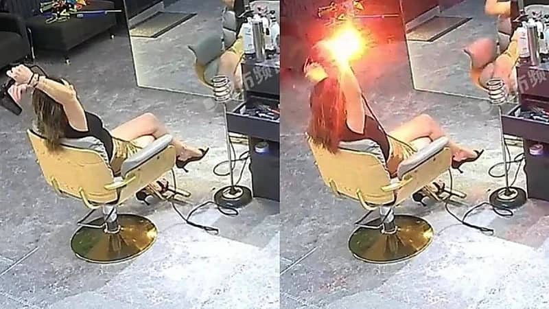 لحظة انفجار مجفف شعر بيد امرأة أثناء التصفيف ..فيديو