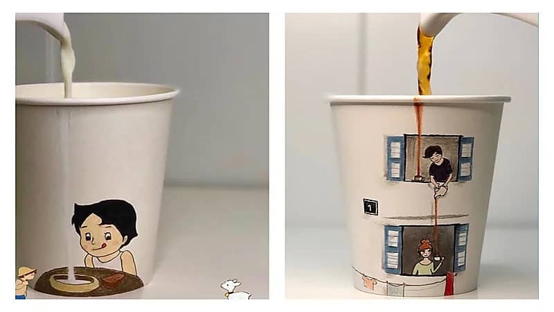 بالصور.. فنانة تشكيلية تصنع لوحات فنية من أكواب وأكياس الشاي