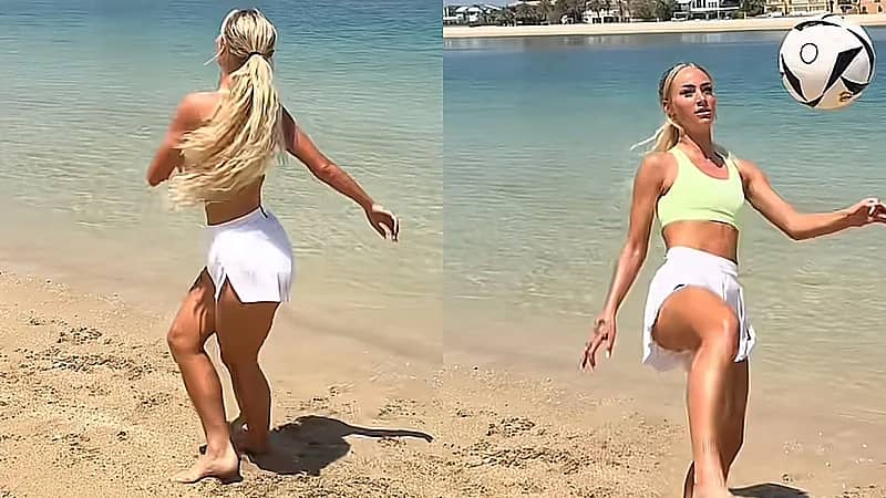 أجمل لاعبة كرة قدم تستعرض مهاراتها ولياقتها على‎ الشاطئ .. فيديو