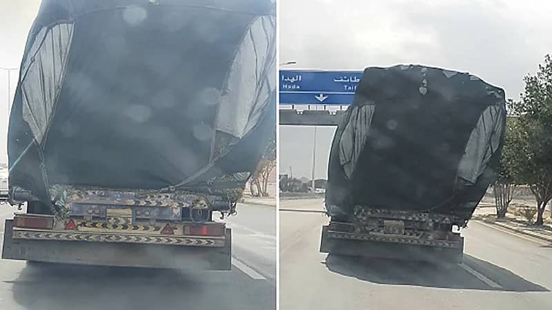 بالصور.. شاحنة تسير بحمولة زائدة ومائلة على طريق الحوية بالطائف