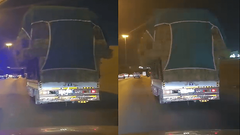 شاهد.. شخص يقود شاحنة ذات حمولة زائدة في طريق الدائري بالرياض