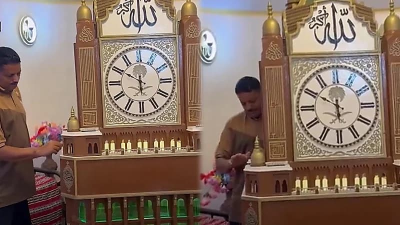 فنان من صبيا ينشئ أكبر منحوتة يدوية لبرج ساعة مكة .. فيديو