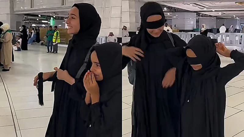 ردة فعل فتاتان لحظة رؤيتهما للكعبة لأول مرة .. فيديو