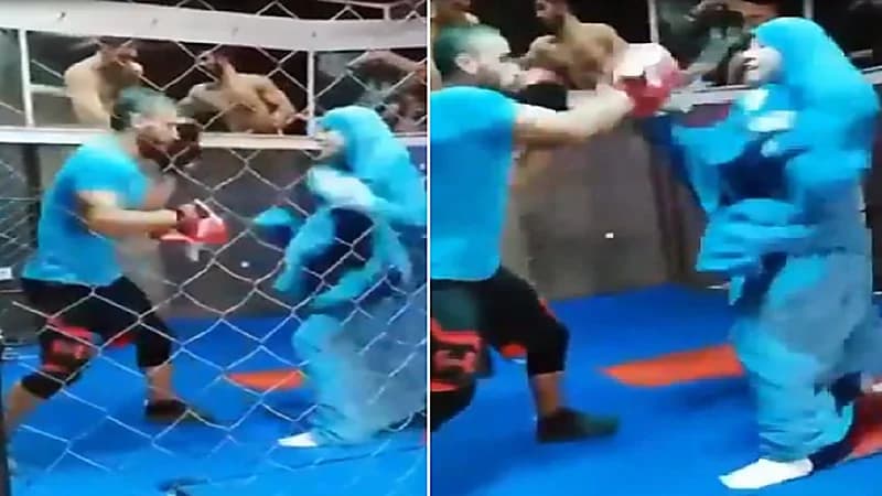 شاهد.. فتاة "محجبة" تؤدي تمرين الملاكمة أمام مدربها بمهارة عالية