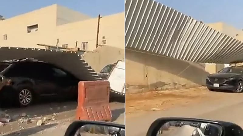 ‏سقوط جدار جراء الرياح القوية في الرياض..فيديو
