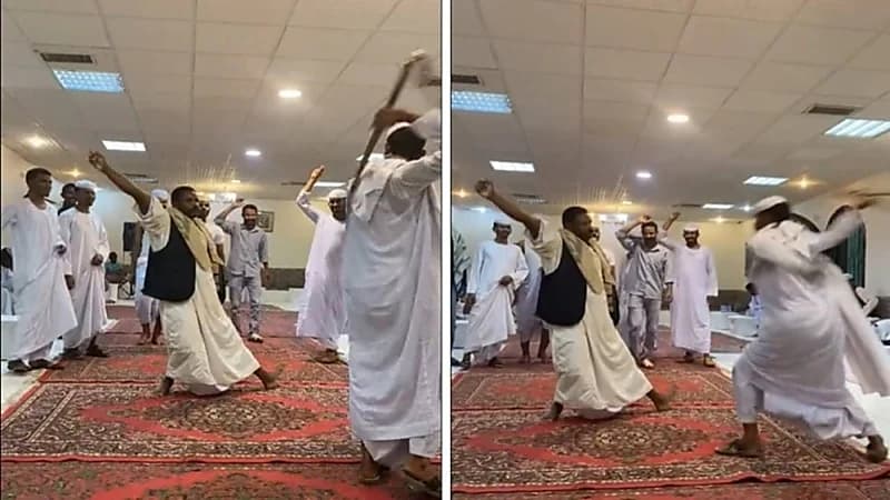 شاهد..لحظة جلد عريس بالسوط أثناء أداء رقصة في حفل زفافه