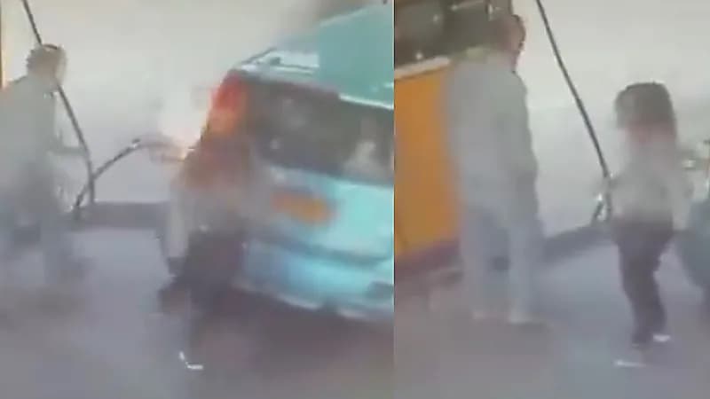 سيدة تشعل النيران في محطة بنزين بسبب رفض رجل إعطائها سيجارة ..فيديو