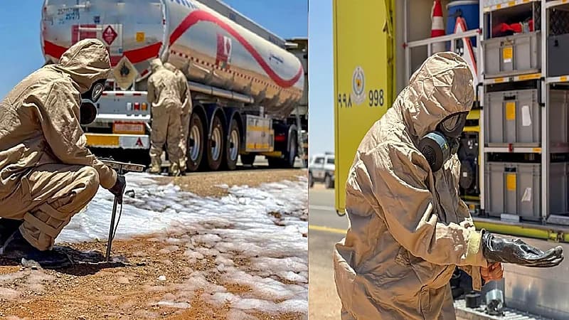 الدفاع المدني يباشر تسريب وقود من ناقلة أثناء سيرها بطريق عام.. صور