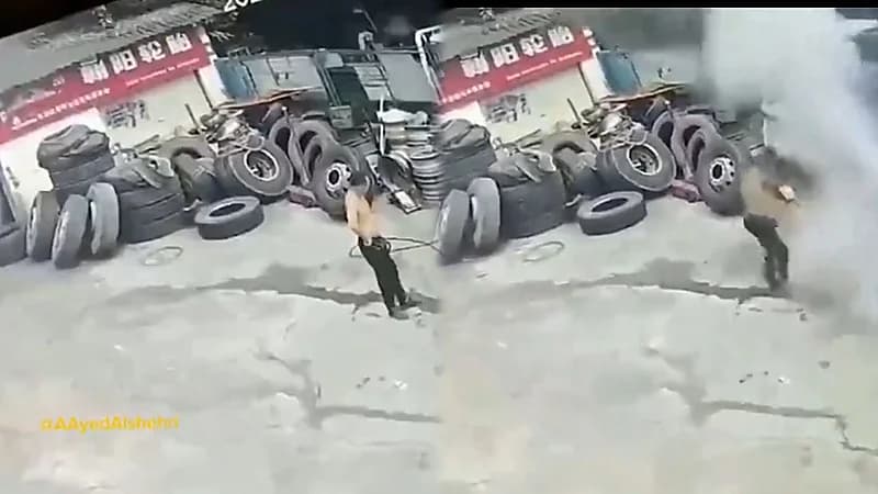 شاب ينجو من الموت مرتين بعد انفجار إطار سيارة ‏..فيديو