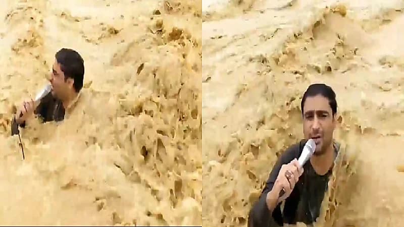صحفي باكستاني ينجرف في مياه الفيضان أثناء بث مباشر .. فيديو