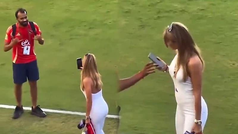 مشجع للأهلي المصري يطلب من أشهر مذيعة مكسيكية التقاط صورة له من الملعب.. فيديو