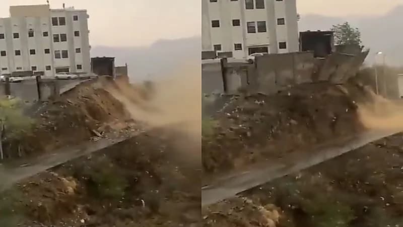 بالفيديو.. لحظة انهيار سور منزل بسبب الأمطار في جازان