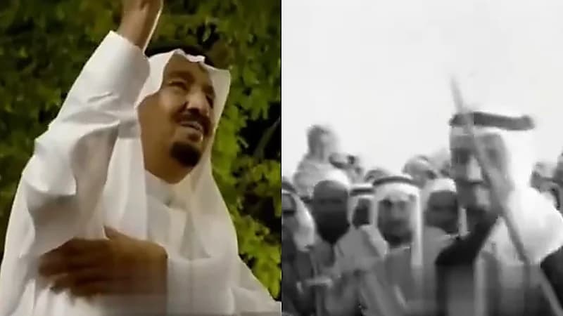 مقطع نادر لـ خادم الحرمين الشريفين وهو يؤدي العرضة ويأسر القلوب بفخرٍ وعز.. فيديو
