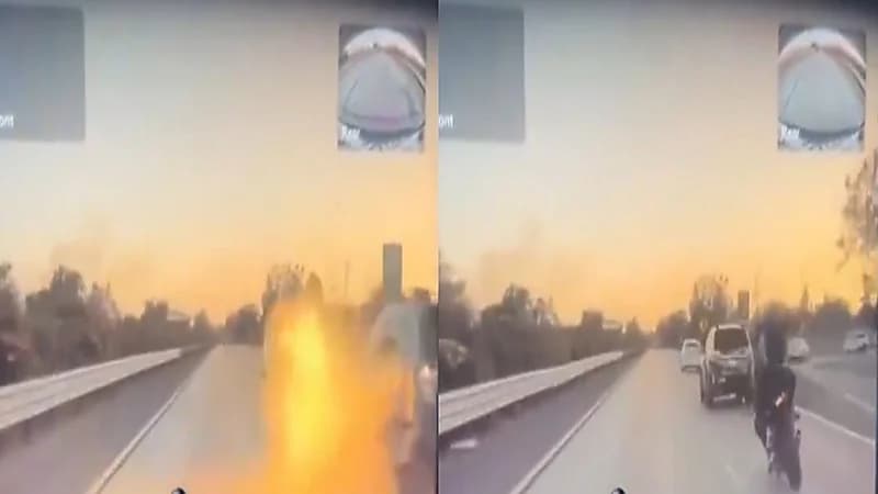 نجاة راكب دراجة نارية بأعجوبة بعد اشتعال النيران بها.. فيديو