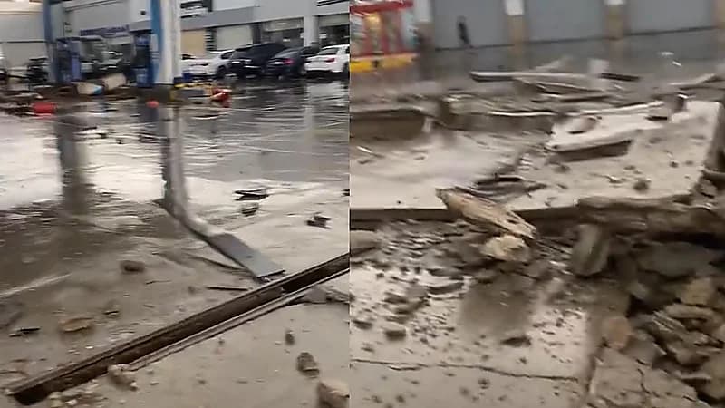 البرق يضرب محطة وقود في حي الرحاب بجدة.. فيديو