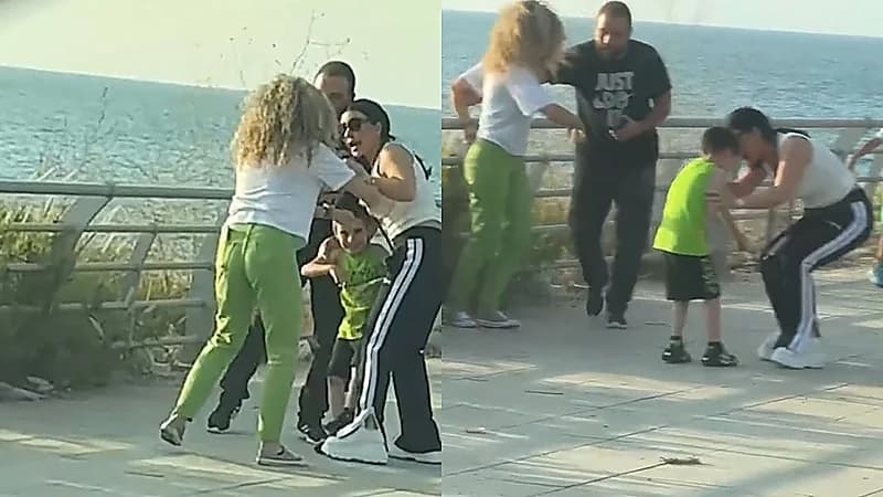 الفنانة اللبنانية ماغي بو غصن تتشاجر مع سيدة تضرب ابنها في الشارع .. فيديو
