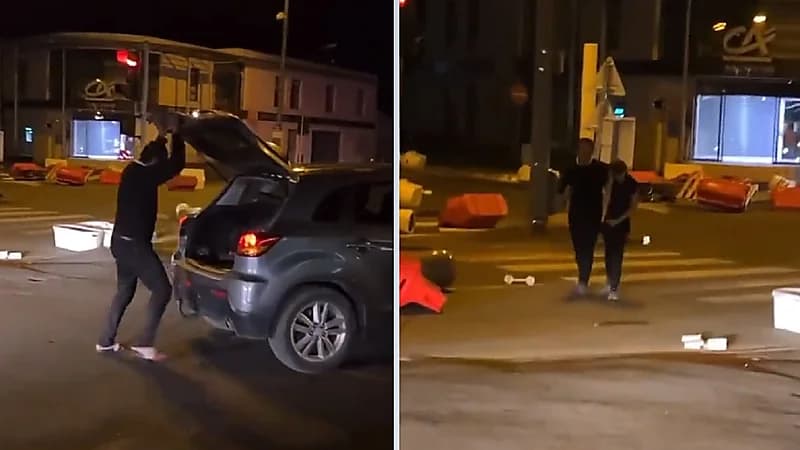 أب فرنسي يسحب ابنه من المظاهرات ويضعه في شنطة السيارة .. فيديو