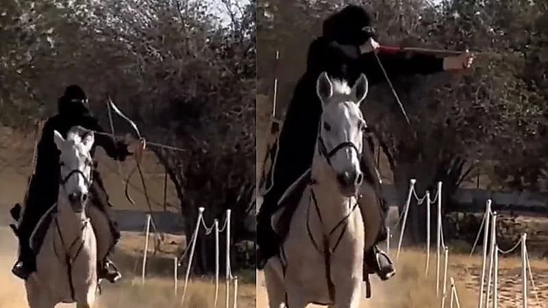 مشهد مذهل لفتاة تمارس مهارتها في ركوب الخيل ورمي النبال بشجاعة .. فيديو