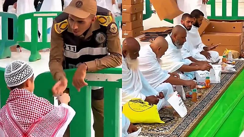 حارس أمني بالحرم المكي يستقبل طفل بالنقود والأخير يأخذها بسعادة ويركض .. فيديو