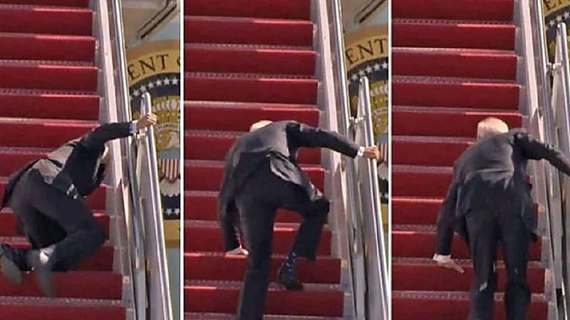 نجل ترامب يسخر من تعثر بايدن على سلم الطائرة