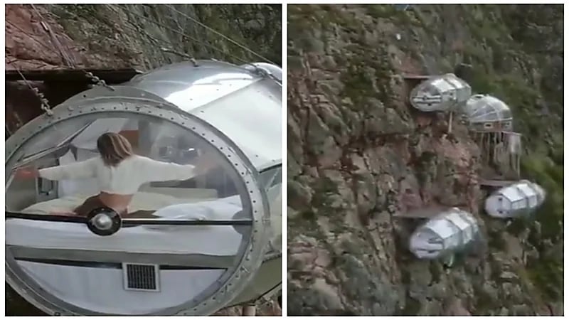 فندق زجاجي معلق على ارتفاع 400 متر عن قاع الوادي يحبس الأنفاس .. فيديو