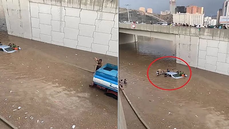 شاهد.. لحظة احتجاز مركبة وغرقها في مياه الأمطار داخل أحد الأنفاق