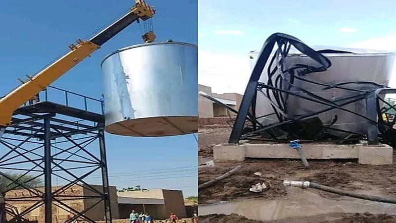 بالصور.. نجاة أشخاص من كارثة عند سقوط خزان مياه ضخم