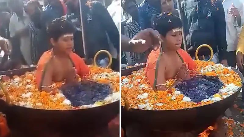 شاهد.. طفل يجلس في إناء به ماء مغلي والنار أسفله دون أن يشعر بشئ