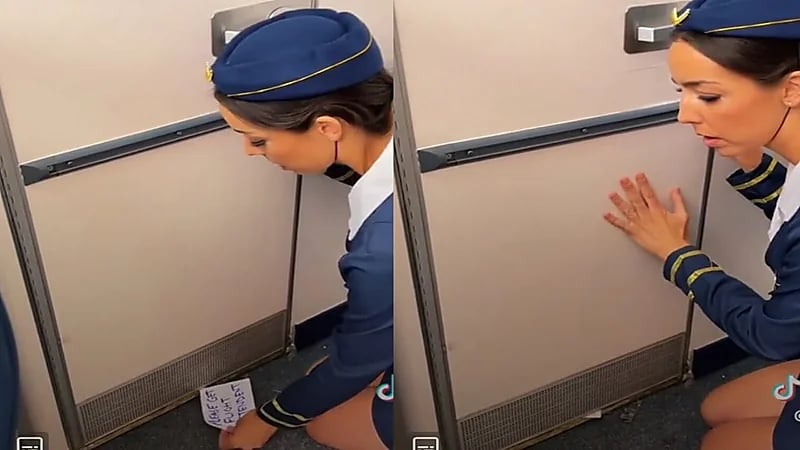 راكبة ترفض الخروج من الحمام ومضيفة طيران تحاول إقناعها.. فيديو