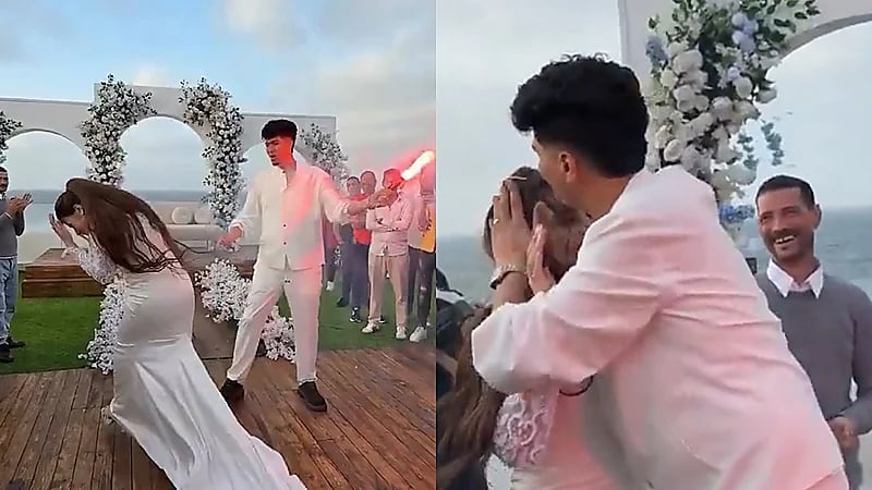 عريس يشعل النار في شعر عروسه عن طريق الخطأ .. فيديو