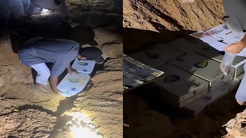 اشخاص يدفنون الزائد من كراتين الماء في موقعهم بالرمال للرحلة القادمة.. فيديو